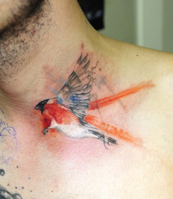 颈部水彩画小鸟彩色纹身图案