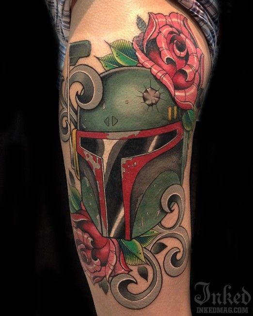 大腿卡通彩色波巴费特和玫瑰纹身图案