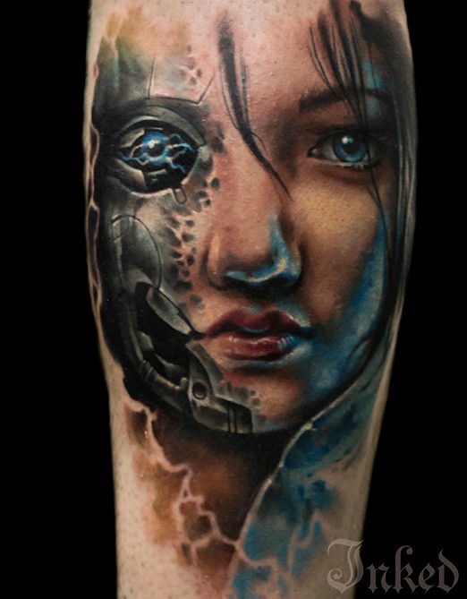 未来插画风格彩色机械女性肖像纹身图案