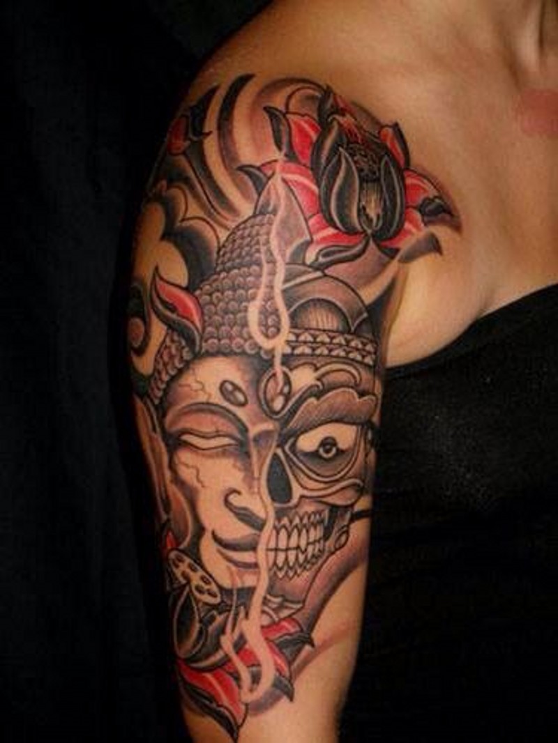 手臂亚洲风格的多色双面面具纹身图案