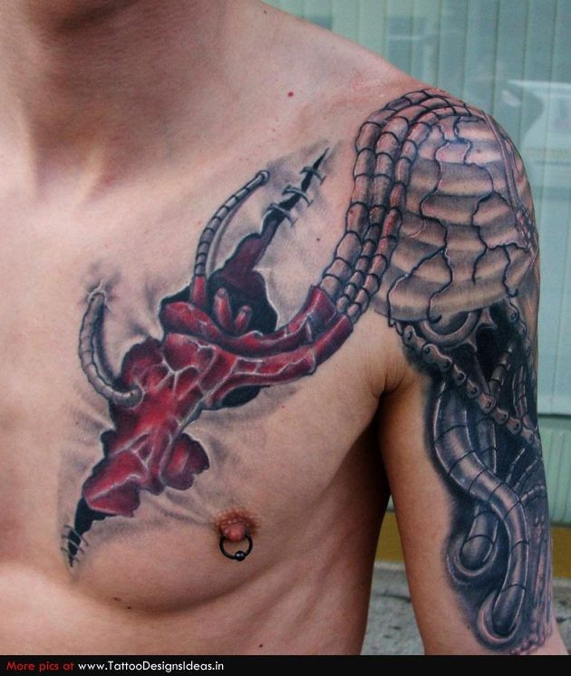 半甲彩色机械与心脏纹身图案