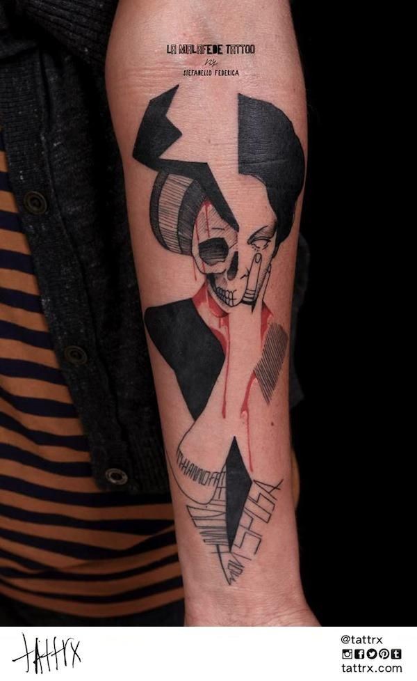 手臂个性神秘骷髅艺妓纹身图案