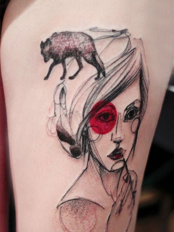 钢笔画风格彩色女生肖像和狼剪影纹身图案