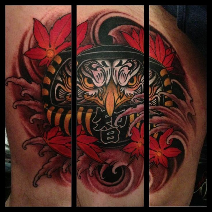 现代风格彩色邪恶娃娃与树叶纹身图案