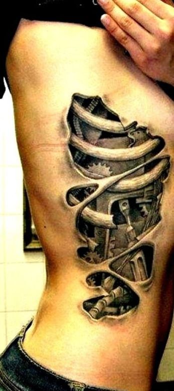 肋骨下皮肤撕裂骨骼和机制纹身图案