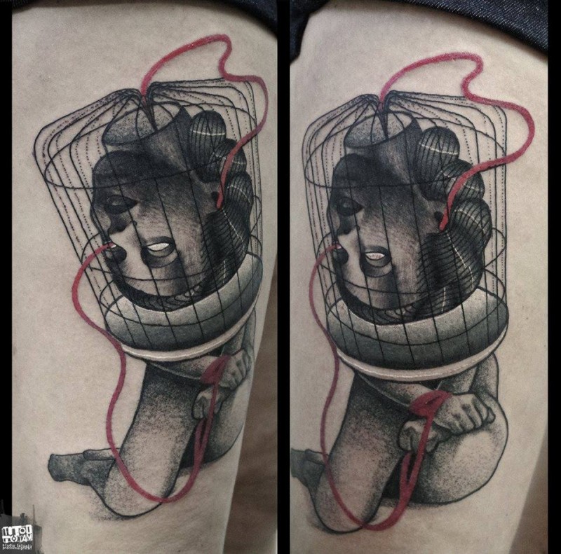 超现实主义风格鸟笼和女人头像纹身图案