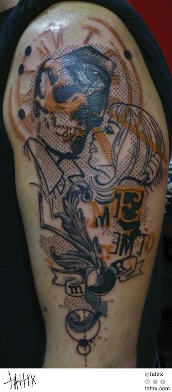 点画风格色的令人毛骨悚然的夫妇纹身图案