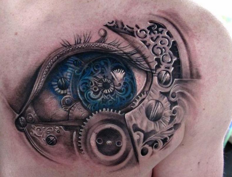 胸部逼真眼睛与机械纹身图案