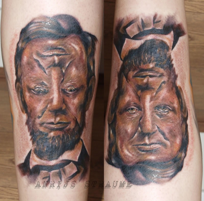 腿部彩色超现实主义风格肖像纹身图案