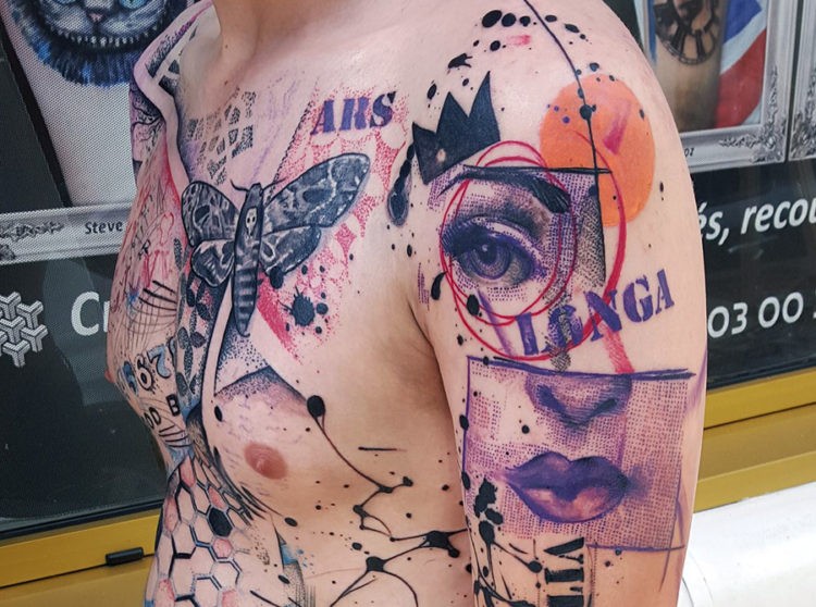 彩色的各种符号文字和蝴蝶纹身图案