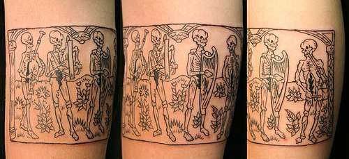 手臂黑色线条骨架音乐家纹身图案