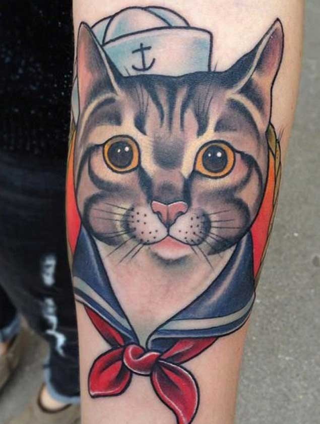 手臂old school彩色水手猫纹身图案