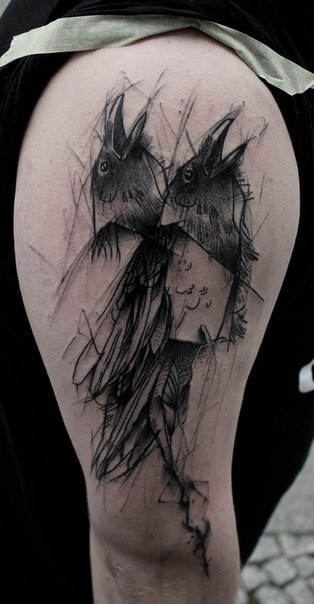 黑色素描风格乌鸦纹身图案