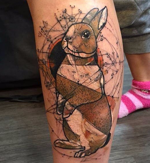 腿部插画风格主题彩色兔子纹身图案