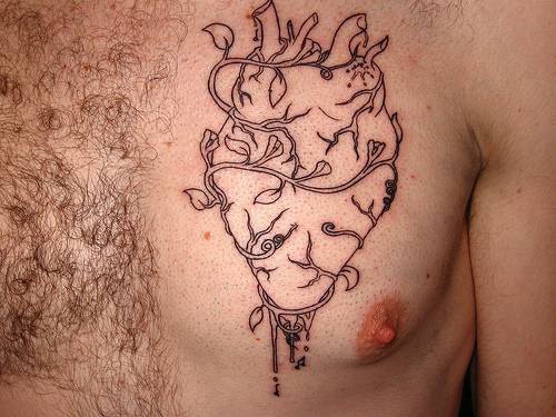 心脏和藤蔓黑色线条纹身图案