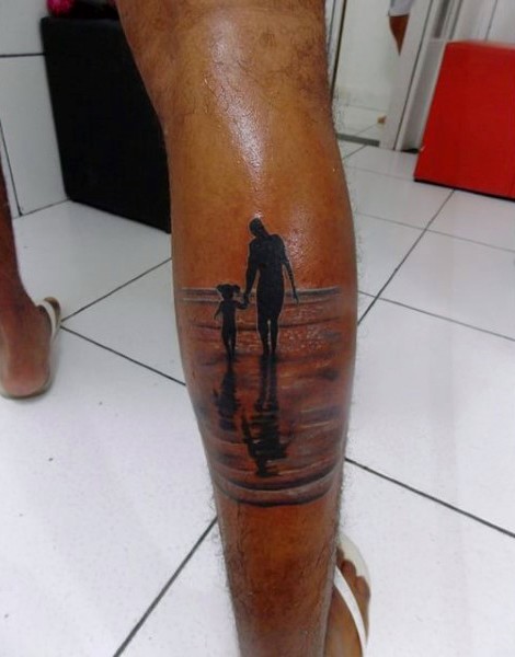 腿部黑色父亲与女儿纹身图案