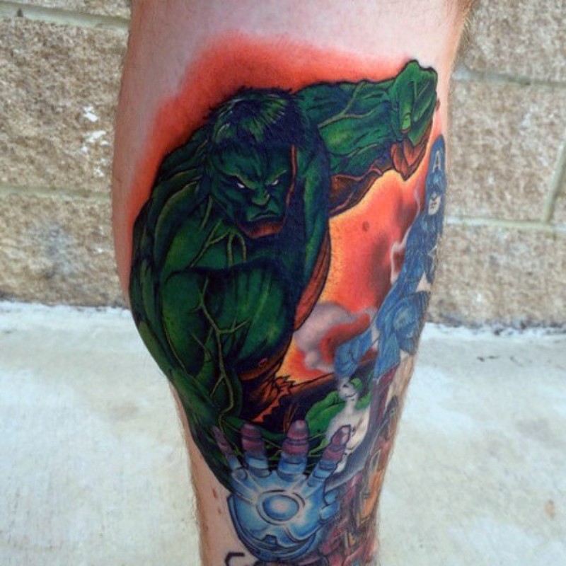 腿部彩色漫画风格超级英雄纹身图片