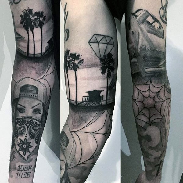 手臂黑灰钻石蜘蛛网树纹身图案