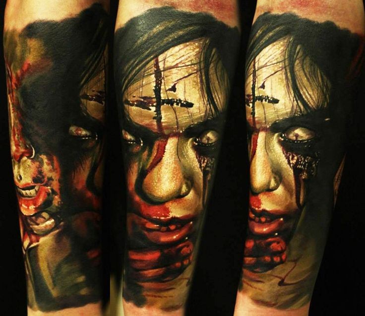 腿部彩色恐怖风格毛的血腥怪物纹身