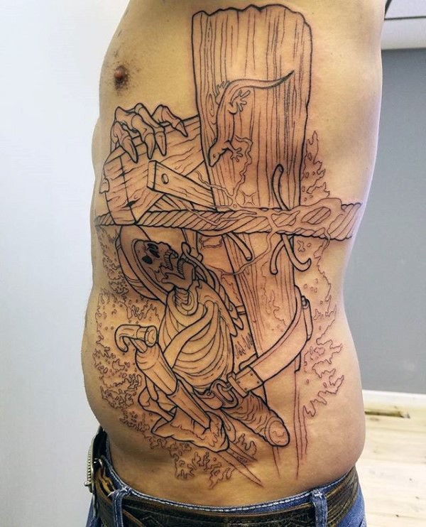 腰侧简单的线条骷髅架纹身图案