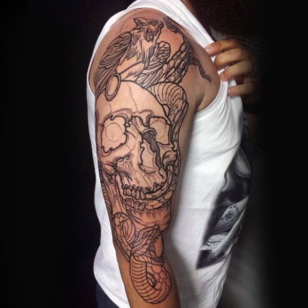 手臂new school黑色线条骷髅与乌鸦纹身图案