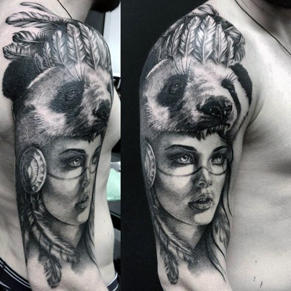 肩部黑灰部落妇女与熊猫头盔纹身图案
