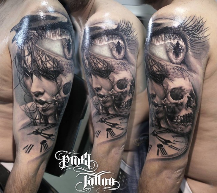 肩部黑灰性感女人与骷髅纹身图案