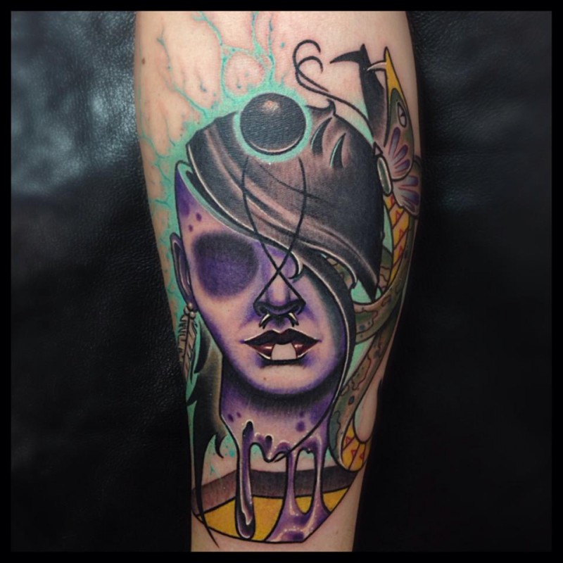 new school彩色令人毛骨悚然的脸与鱼纹身图案
