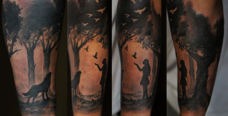 带着狼和鸟在森林里的女孩小臂纹身图案