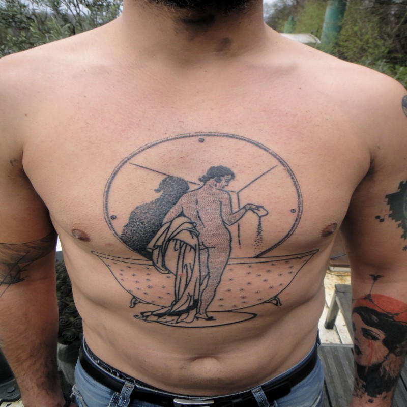 胸部复古风格黑色女人在浴室纹身图案