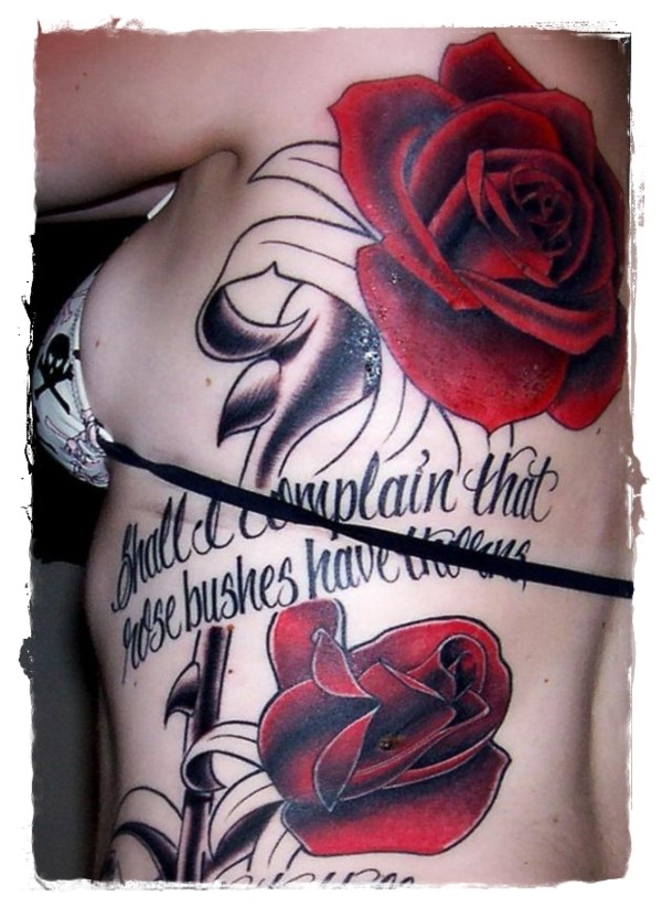 背部old school红玫瑰字母纹身图案