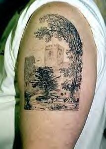 写实景观与树木黑灰纹身图案