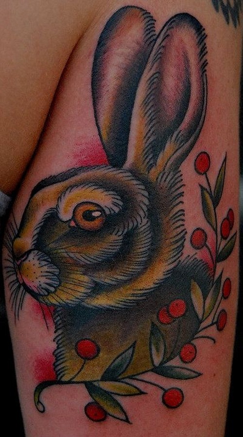 old school兔子与浆果彩色纹身图案