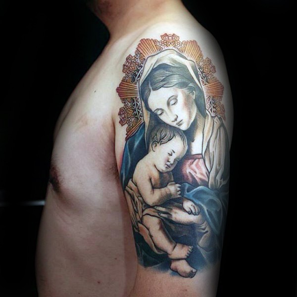 宗教风格的彩色圣女与儿童纹身图案