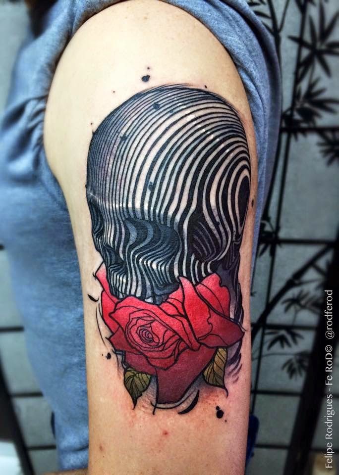 新风格的彩色令人难以置信的骷髅和玫瑰纹身图案