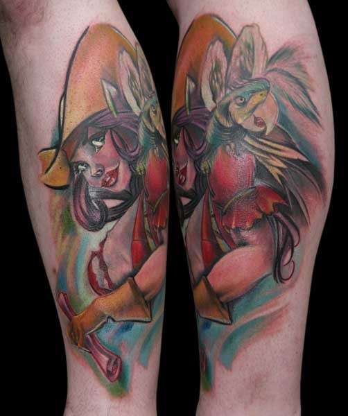 卡通般的彩色美女与鹦鹉手臂纹身图案