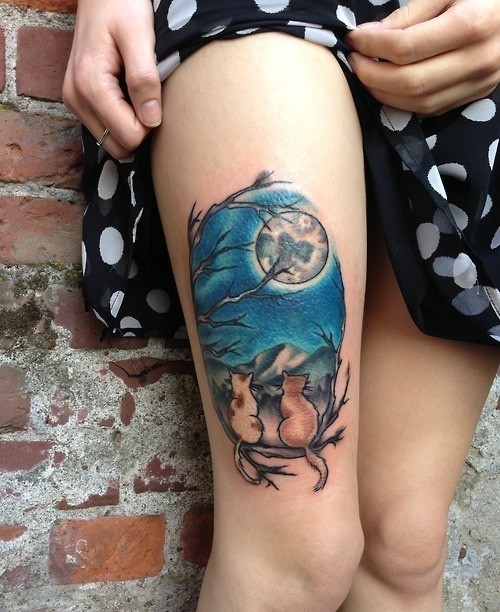 大腿美丽的水彩女孩纹身图案