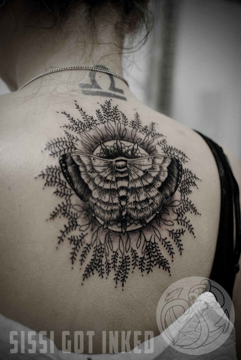 背部黑色线条的蝴蝶植物纹身图案