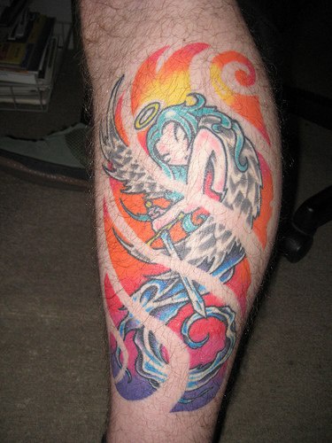 腿部彩色神奇的美人鱼纹身