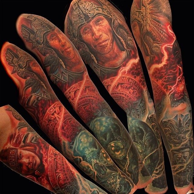 花臂玛雅主题彩色纹身图案