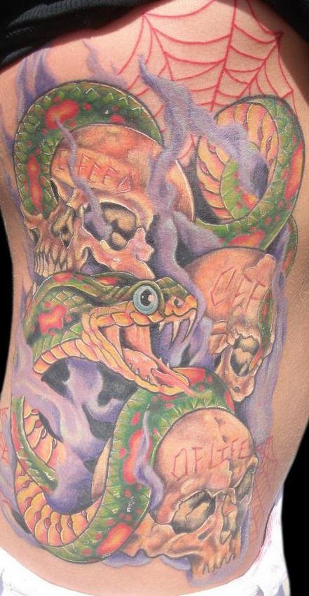 满背彩色骷髅头蛇纹身图案