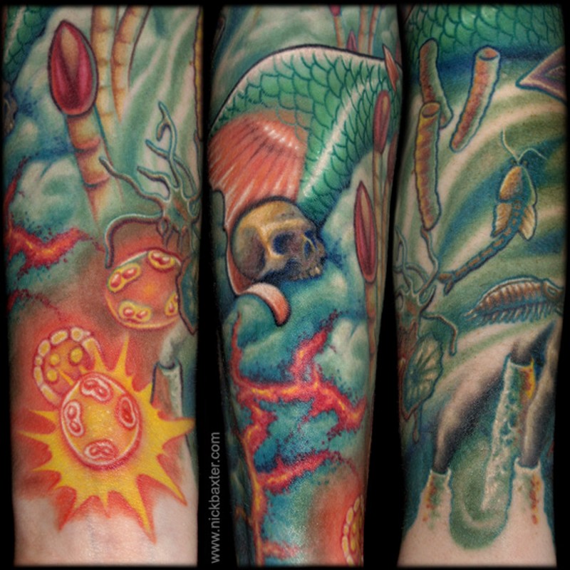 五彩斑斓的骷髅和各种古生物纹身图案