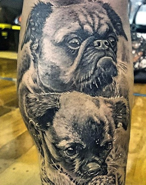 华丽的黑白小狗腿部纹身图案