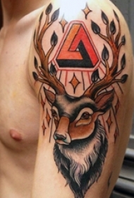 憨厚可爱的植物素材花朵和小动物麋鹿纹身图案