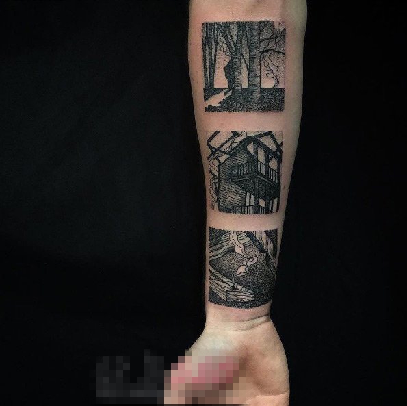 男生手臂上黑色线条素描点刺技巧花臂纹身图案