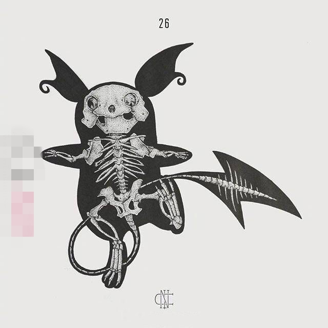 个性的黑色卡通轮廓骷髅皮卡丘纹身图片