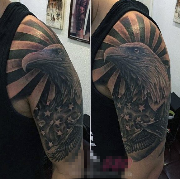 男生都喜爱的黑色素描点刺技巧创意个性霸气老鹰纹身图案