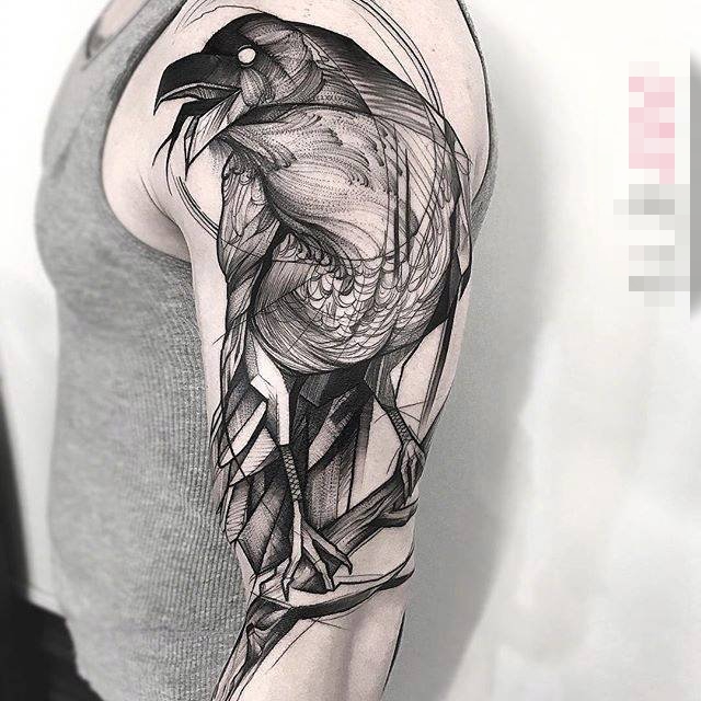 手臂上黑色素描点刺技巧几何元素创意纹身图案