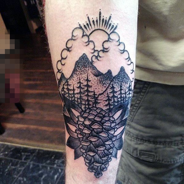 关于大自然的抽象线条植物树和山水风景纹身图案