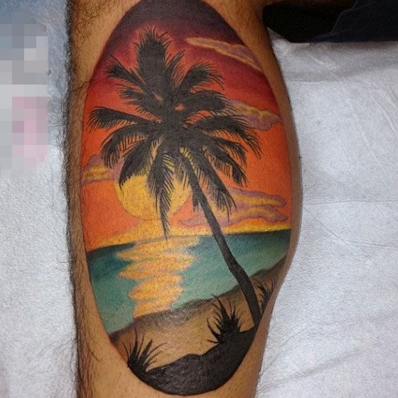 多款夕阳如丹的彩绘落日余晖风景纹身图案